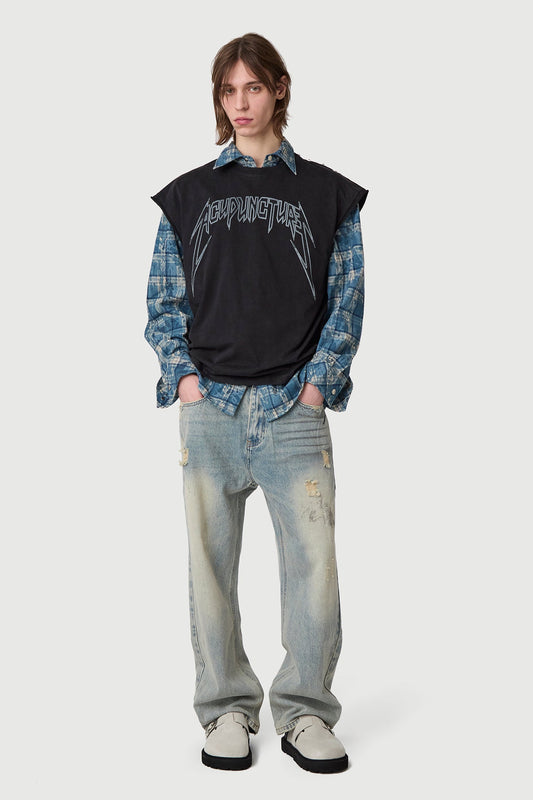 STUDDED METAL SLEEVELESS WASHED BLACK Acupuncture