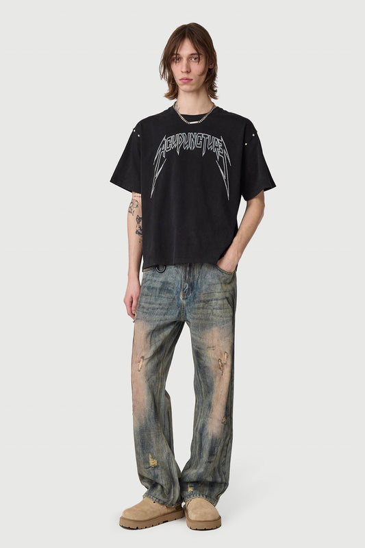 STUDDED METAL T - SHIRT WASHED BLACK Acupuncture